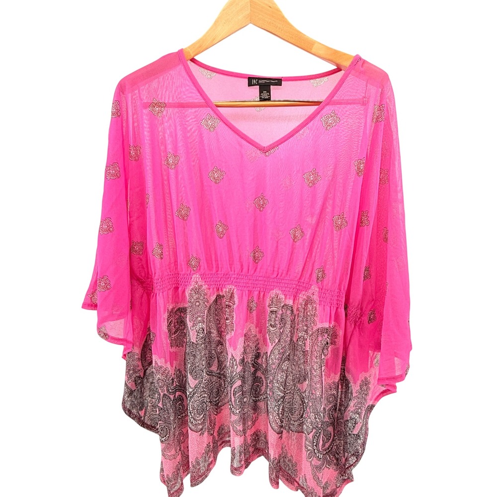 INC International Concepts Hot Pink Paisley Mesh Kaftan‎ Top V-Neck Plus 2X